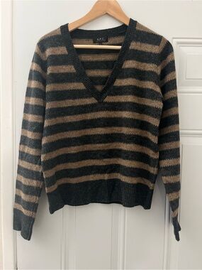 A.P.C. Striped V-Neck Sweater in Grey and Brown